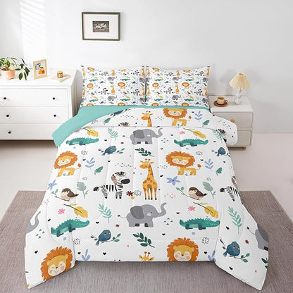Erosebridal Toddler Size Zoo Animal Comforter Set, Giraffe Lion Elephant Bedding Set, Cute Wild Animals Down Comforter for Kids Teens Boys Girls Bedroom, Cartoon Safari Wildlife Quilt,Lightweight