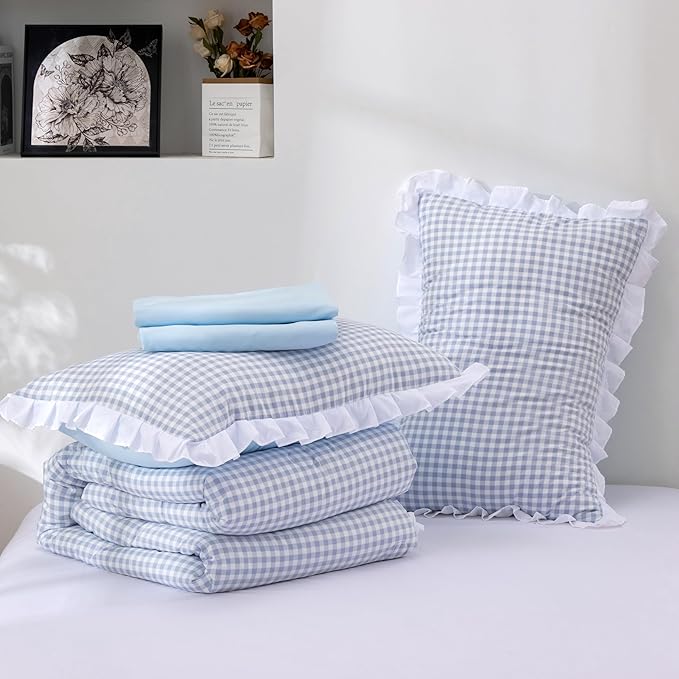 A Nice Night Comforter Twin Size,Blue Ruffle Comforter for Dorm Room Essentials for Twin Bed,Plaid Checkered Chic Bedding Bed in a Bag for Girls