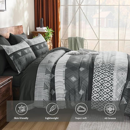 Xruibed Grey King Comforter Set 7 Pieces, Gray Boho Striped Bed in a Bag King Size Soft Microfiber All Season Bedding Set with Comforter, Sheets, Pillowcases & Shams(104"×90")