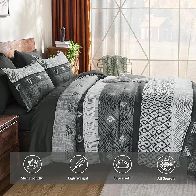 Xruibed Grey Queen Comforter Set 7 Pieces, Gray Boho Striped Bed in a Bag Queen Size Soft Microfiber All Season Bedding Set with Comforter, Sheets, Pillowcases & Shams(90"×90")
