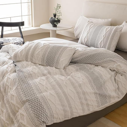 Luxlovery Boho White Comforter Set Queen Women Men Farmhouse White Black Jacquard Bedding Set Bohemian Country Blanket Quilts Durable Soft Breathable 3PCS Comforter Set Queen Bed