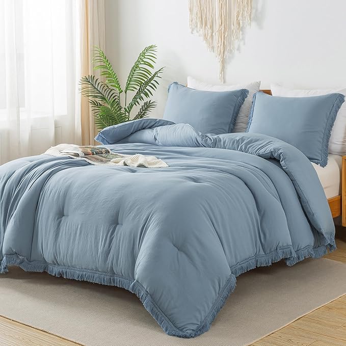 Andency Grayish Blue Comforter Set Full Size, 3 Pieces Boho Tassel Lightweight Bedding Comforter Sets, All Season Soft Fluffy Fringe Bed Set (79x90In Comforter & 2 Pillowcases)
