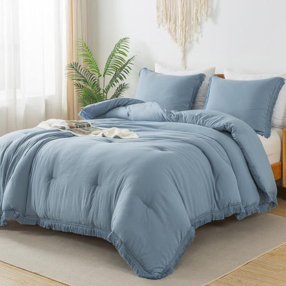 Andency Grayish Blue Comforter Set Twin Size, 2 Pieces Boho Tassel Lightweight Bedding Comforter Sets, All Season Soft Fluffy Fringe Bed Set (66x90In Comforter & 1 Pillowcase)
