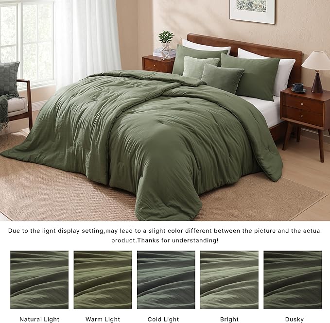 WRENSONGE Double Twin XL Comforter Set - 4 Pieces Prewashed Olive Green Bedding Set for All Seasons Soft Lightweight 2 Comforters (55" x 90") with 2 Pillow Shams