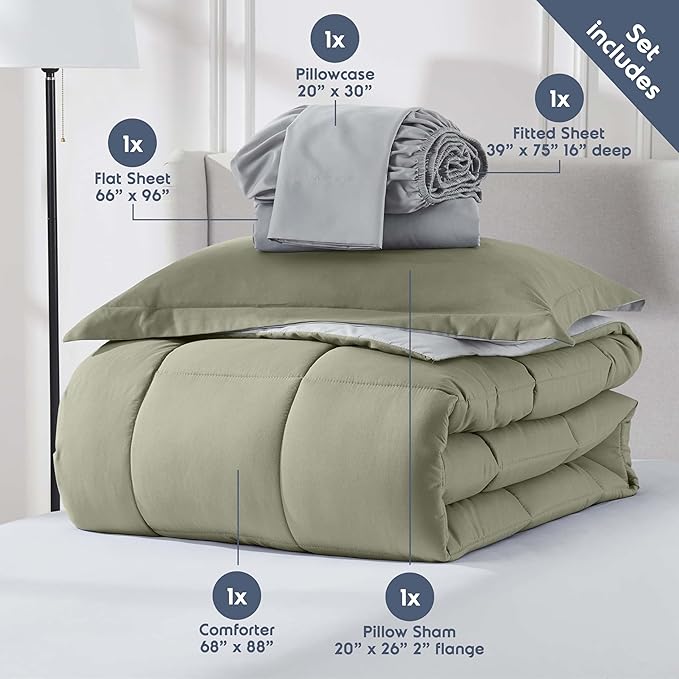 Nestl 5 Piece Twin Comforter Set – Light Sage Reversible Bed in a Bag – Complete Twin Size Bedding Set with Sheets, Pillowcase and Sham