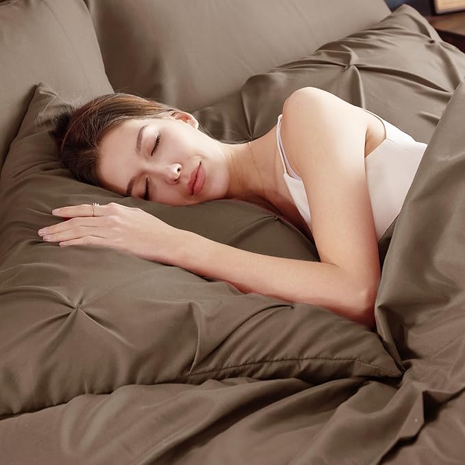 Bedsure California King Comforter Set Brown - Bed in a Bag Cal King Bedding Set 7 Pieces, GentleSoft™ Pintuck Bed Set Gift for Family, Pinch Pleat Brown Comforter with Sheets, Pillowcases & Shams