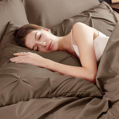 Bedsure Queen Comforter Set Brown - Bed in a Bag Queen Size Bedding 7 Pieces, GentleSoft™ Pintuck Bed Set Gift for Family, Pinch Pleat All Season Comforter with Sheets, Pillowcases & Shams