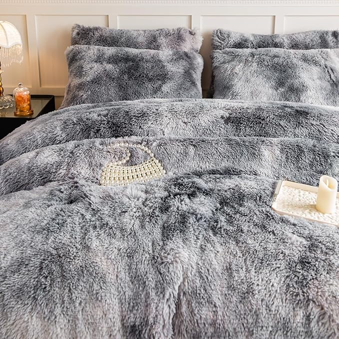 chovy Faux Fur Tie-Dyed Black White Gray Colorful Comforter Sets King - 3PC Bed Set Ultra Soft Plush Flannel Velvet Fluffy Fuzzy Bedding（Comforter x 1 Pillowcases x 2）