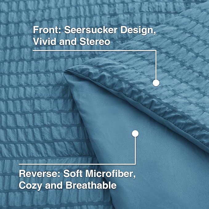 Love's cabin Seersucker Misty Blue Twin Comforter Set, 5-Piece All Season Lightweight Bed in a Bag Bedding Set with Comforter, Flat Sheet, Fitted Sheet, Pillowcase and Sham | Soft, Breathable, Lightweight