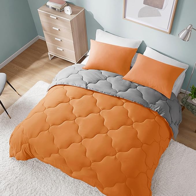 Comfort Spaces King Comforter Set, Chic Reversible Quatrefoil Quilting Comforters King, All Seasons, Lightweight Microfiber Bedding Set Matching Sham, Vixie, King Orange/Grey 3 Piece