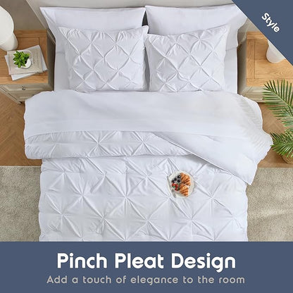 Nestl California King Comforter Set 7 Piece - Pintuck Cal King Comforter Set White, California King Bed in a Bag, All Season Bed Set with Flat Sheet and Fitted Sheet, Pillowcases and Shams