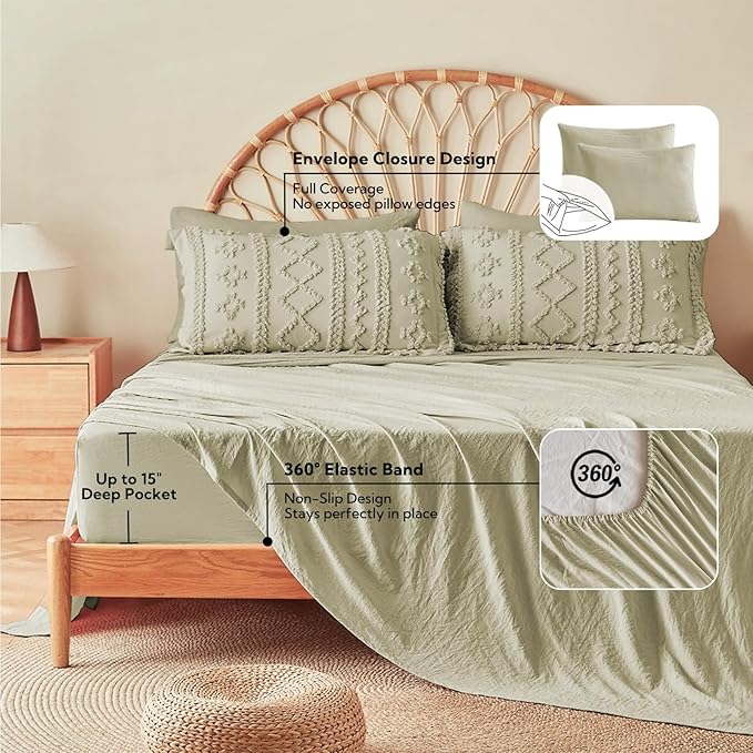 MR&HM Sage Green Boho Comforter Set Queen, Tufted Boho Bedding Set, Farmhouse Shabby Chic Bed in a Bag with 1 Comforter, 2 Pillow Shams, 2 Pillowcases, 1 Flat Sheet, 1 Fitted Sheet for All Seasons