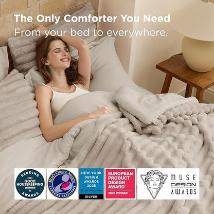 Bedsure Gentlesoft™ 2-in-1 Oversized Queen Comforter Set and Detachable Fluffy Blanket, Beige Bedding Set for All Season Use, SnapTech Design for Space Saving (Includes 2 Pillow Shams, 2 Pillowcases)