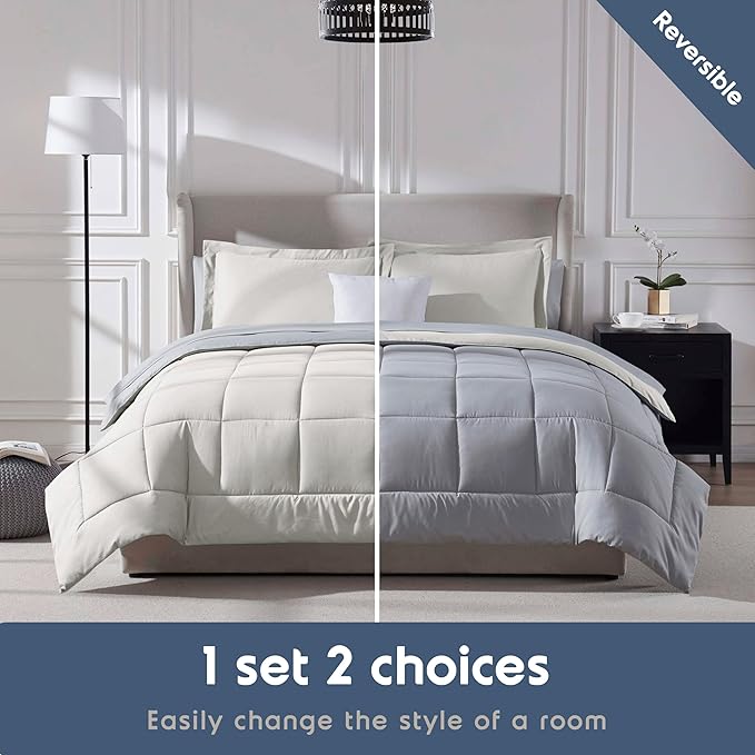 Nestl 7 Piece Queen Comforter Set – Off White Reversible Bed in a Bag – Complete Queen Size Bedding Set with Sheets, Pillowcases and Shams
