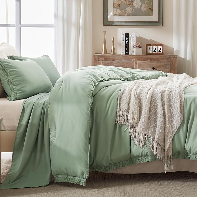Andency Sage Green Tassel Comforter Set Full(79x90Inch), 3 Pieces(1 Fringe Comforter, 2 Pillowcases) Boho Farmhouse Shabby Chic, Microfiber Lightweight Bedding Set