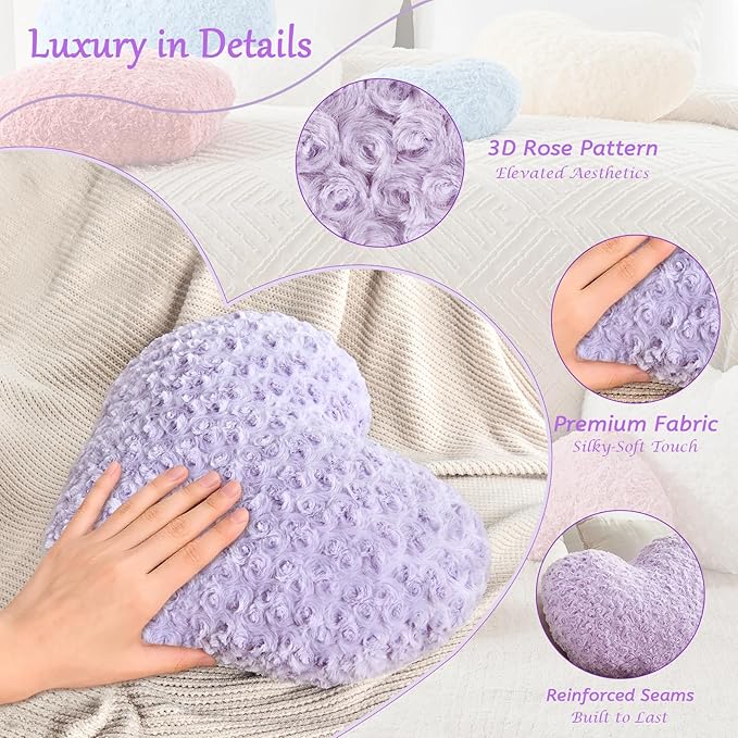 Heart Pillow Purple Throw Pillows, Soft and Fluffy Decorative Pillows for Bed Couch Chair, Cute Heart Shaped Room Decor for Valentine Anniversary Birthday Halloween Christmas (Medium, 20"x15")