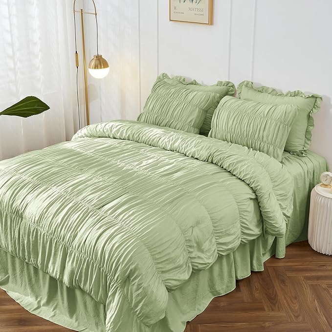 Bonlino Oversized King Comforter Set Bedding - Ruched Sage Green Comforter King Bed Set Boho Shabby Chic Bedding for Bedroom Comforter Fluffy 3 Piece Ruffle Comforter Set Green Luxury Bedding