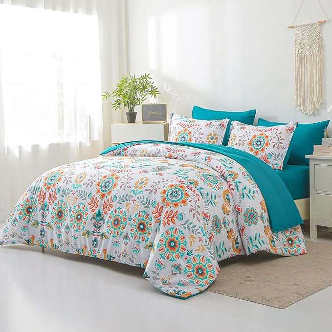 Boho Comforter Set King - 7 Pieces Bed in a Bag Floral Medallions Design, Bohemian Comforter Set with Sheets, Soft Microfiber Complete Bedding Sets All Season (Teal Blue, King)