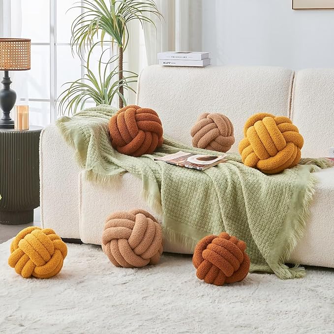 Decorative Throw Knot Pillow Ball for Home Chair Sofa Couch Bed Aesthetic Round Decor Pillows Lambswool Knotted Pillow Cushion (Caramel, 11 inches)