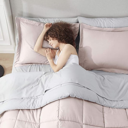 Nestl 7 Piece California King Comforter Set – Blush Pink Reversible Bed in a Bag – Complete Cal King Size Bedding Set with Sheets, Pillowcases and Shams