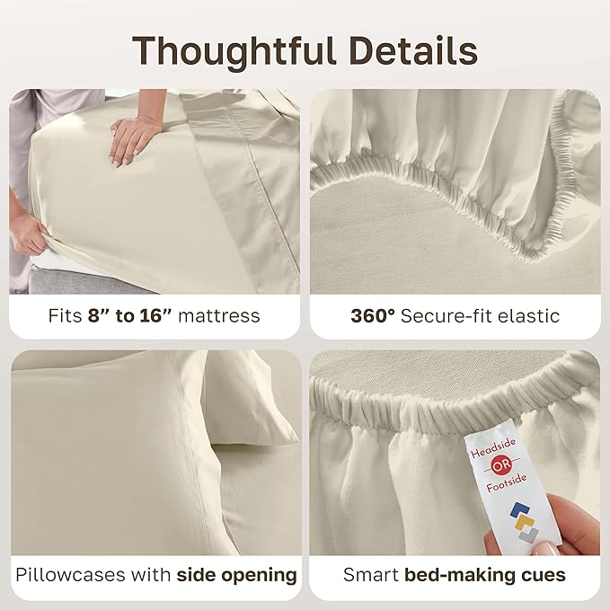 California Design Den Queen Size Sheet Set - Luxury 600 Thread Count Sateen, 100% Cotton Sheets, Deep Pockets, All Around Elastic for a Snug Fit, Hotel Quality Bedding Set - Ivory (Warm Cream)