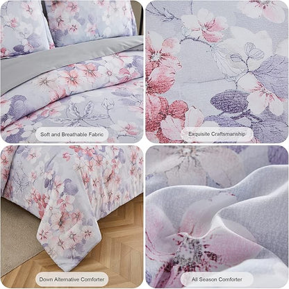 7 Piece Bed in a Bag Floral Comforter Set, Botanical Flowers Comforter and Sheet Set, Soft Microfiber Lightweight Bedding Comforter Set for All Season(Pink Floral, King)