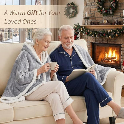 Myiosus Heated Blanket Wearable Shawl, Electric Wrap Poncho Blanket Hoodie with Pockets, Velvet & Sherpa Heating Throw with 6 Heating Levels & 4 Time Settings,Birthday Gifts for Mom, 50 x 64 Inch,Grey