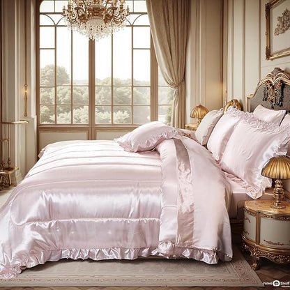 Luxury Silky Comforter Set with Sheet Set King 8 Pieces Light Pink Bedding Set Silk Like Satin Ruffle Pattern Home Deocr Sexy Hotel Silky Bed Set with 1 Cushion Cover