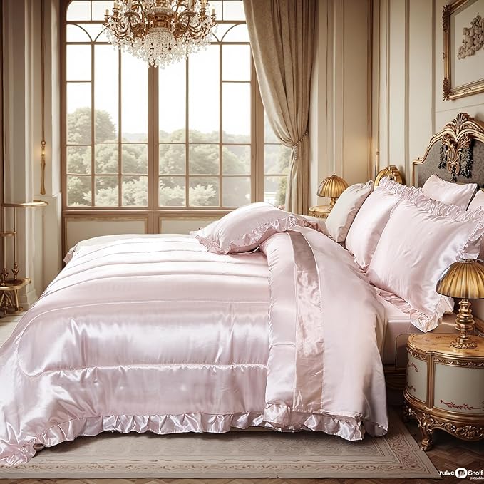 Luxury Silky Comforter Set with Sheet Set Queen 8 Pieces Light Pink Bedding Set Silk Like Satin Ruffle Pattern Home Deocr Sexy Hotel Silky Bed Set with 1 Cushion Cover