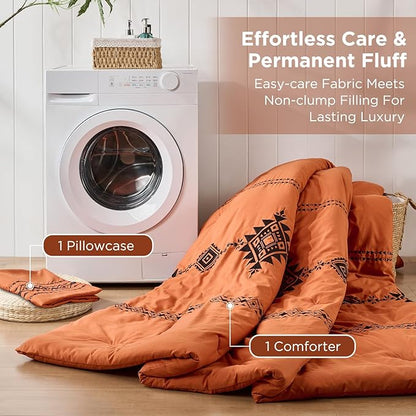 Embroidered Boho Comforter Set Twin Size, 2-Piece Western Shabby Chic Bedding Sets - Fluffy Ultra Soft Microfiber with Intricate Design, Includes Comforter & 1 Pillowcase, Pumpkin(68"x88")