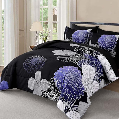 Yiran Floral Comforter Set Queen 7 Pieces Bed in a Bag Purple White Black Flower Comforter Soft Microfiber Bedding Sets for All Seasons 90"×90"