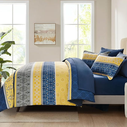 WONGS BEDDING Boho Comforter Set King, 7 Pieces Navy Blue and Yellow Comforter Set Bohemian Bed in A Bag Striped Paisley Floral Comforter and Sheet Set Soft Microfiber Bedding Set for All Season