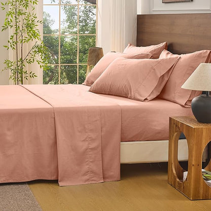 Bedlifes 100% French Flax Linen Sheets Set California King Size-6 Piece Extra Deep Pocket 18-24",Soft Breathable Cal King Bed Sheets with Temperature Regulating & Moisture-Wicking(Blush Pink