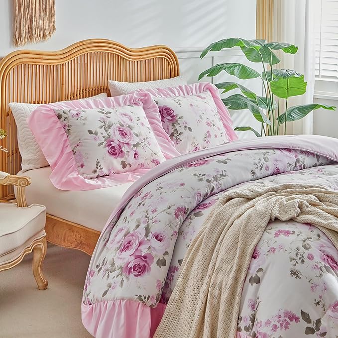 Flower Comforter Set Queen Size 90 * 90in - White Pink Floral Style -3 Pieces Shabby Chic Farmhouse Bedding Set with Ruffled Fringe Rustic Lightweight Botantical Ruffle Comforter with Shams