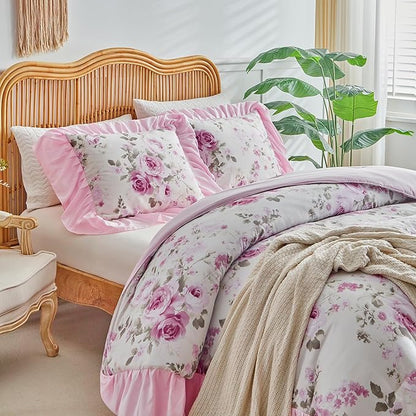 Flower Comforter Set Queen Size 90 * 90in - White Pink Floral Style -3 Pieces Shabby Chic Farmhouse Bedding Set with Ruffled Fringe Rustic Lightweight Botantical Ruffle Comforter with Shams
