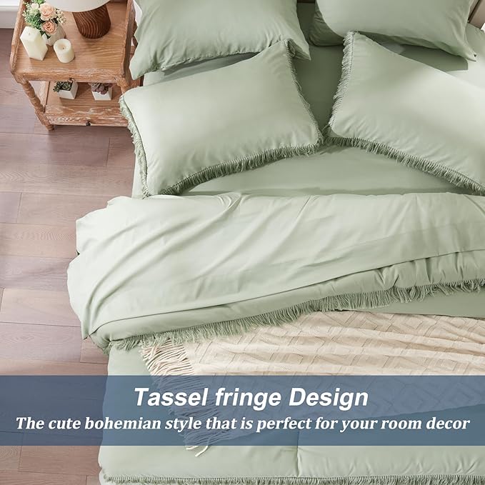 Anluoer Queen Comforter Set - 7 Piece Boho Bed in a Bag with Tassel - Lightweight Soft Bedding Set with 1 Comforter, 2 PillowShams, 2 Pillowcases, 1 Flat Sheet, 1 Fitted Sheet in Sage Green