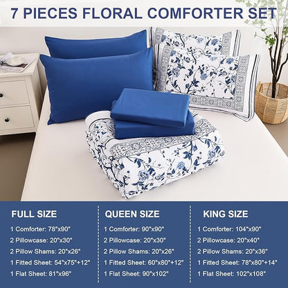 Dobuyly Floral Queen Comforter Set, 7 Piece Bed in a Bag Queen Size Blue Flowers on White Botanical Bedding Set, Soft Microfiber Bedding Comforter Sets with Sheets for All Season