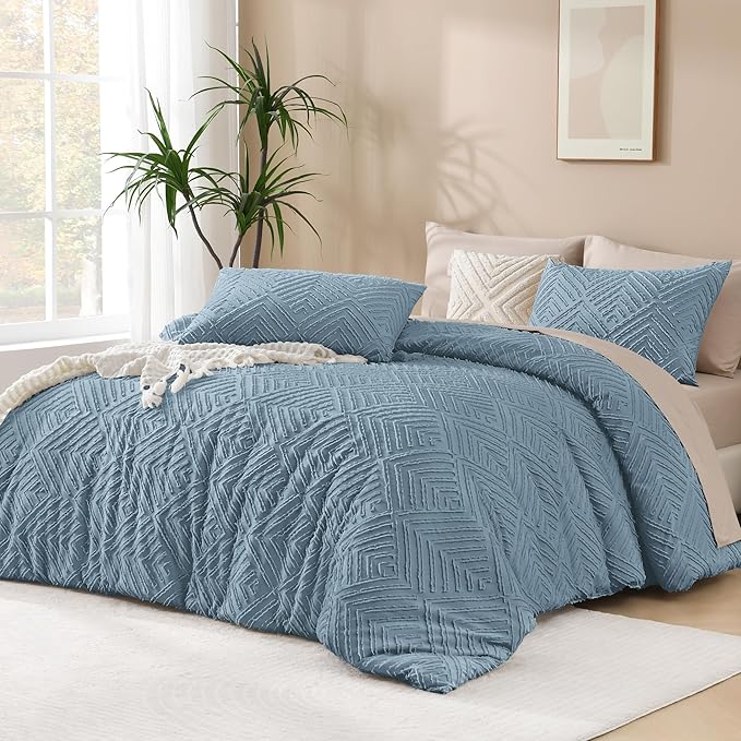 Andency Grayish Blue California King Comforter Set, 3 Pieces Grayish Blue Boho Bedding Set & Collections, Farmhouse Tufted Fluffy Bed Set for California King Bed (1 Comforter 104x96In, 2 Pillowcases)