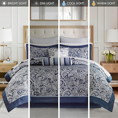 Madison Park Aubrey Cozy Comforter Set, Faux Silk Jacquard Paisley Design - All Season Down Alternative Bedding with Cotton Bed Sheets, Bed Skirt & Toss Pillows, King Navy 12 Piece