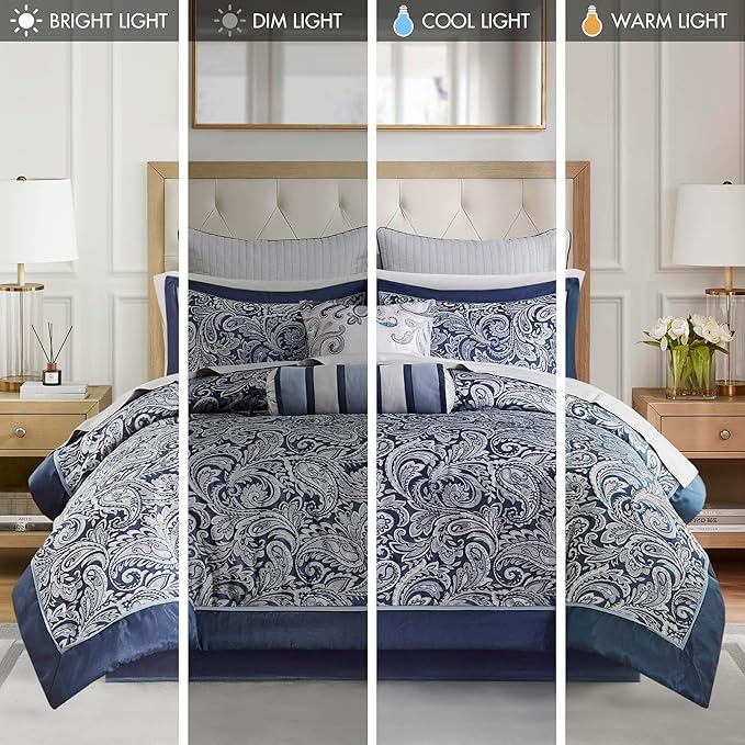 Madison Park Aubrey Cozy Comforter Set, Faux Silk Jacquard Paisley Design - All Season Down Alternative Bedding with Cotton Bed Sheets, Bed Skirt & Toss Pillows, California King Navy 12 Piece