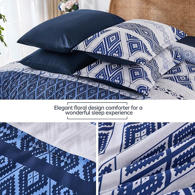 Luxudecor Blue Comforter Set King Size 7 Pieces,Boho Aztec Comforter with Sheet Set,Geometric Striped Pattern Bed in a Bag,Soft Microfiber Bed Set 104"x90"