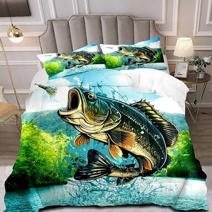 LUVIVIHOME 3PCS Fishing Comforter Set Full Size, Bass Fish Bedding for Kids Boys, Forest Wildlife Hunting Animal Country Rustic Farmhouse Bedroom Decor, Soft Microfiber Quilt, 2 Pillow Shams