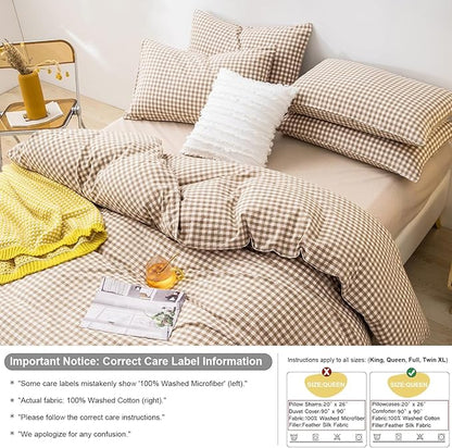 mixinni Tan Gingham Comforter Set Twin XL, Plaid Comforter Set 3 Pieces 1 Beige Grid Comfoter with 2 Pillow Cases for All Seasons, Soft Fluffy Modern Grid Pattern Printed Bedding-Twin XL Size