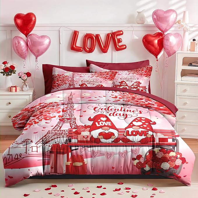 Nesker 7 Pcs Valentine's Day Comforter Set Queen Size, Romantic Love Gnomes Bedding Set for Kids and Adults, Cute Sweet Heart Sheets Bed Sheet Sets with Fitted Sheet 2 Pillowcases & 2 Shams