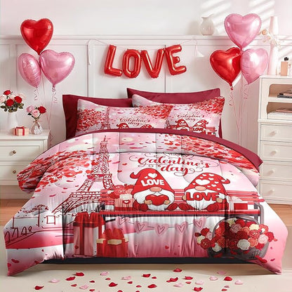 Nesker 7 Pcs Valentine's Day Comforter Set Queen Size, Romantic Love Gnomes Bedding Set for Kids and Adults, Cute Sweet Heart Sheets Bed Sheet Sets with Fitted Sheet 2 Pillowcases & 2 Shams