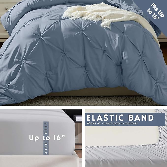 Nestl Twin Comforter Set 5 Piece, Pintuck Twin Bedding Set Stone Blue, College Dorm Room Essentials for Girls and Boys Bed in a Bag Twin All Season, Twin Comforter Set with Sheets, Pillowcase and Sham