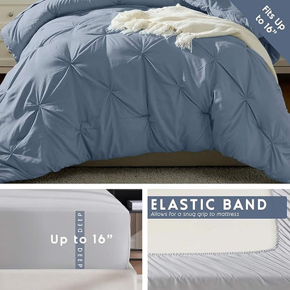 Nestl Twin Comforter Set 5 Piece, Pintuck Twin Bedding Set Stone Blue, College Dorm Room Essentials for Girls and Boys Bed in a Bag Twin All Season, Twin Comforter Set with Sheets, Pillowcase and Sham