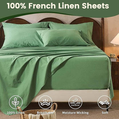 100% Linen Sheet Set Cal King Size Extra Deep Pocket Fits 18-24 Inch Mattress, Breathable & Soft, Smooth 6-Piece Set for Thick Mattresses Hotel Luxury Bedding（Cal King, Sage Green）
