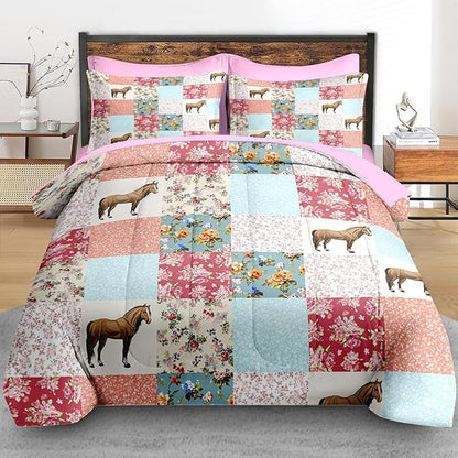 Comforter Set Full Size, Horse Animal Pink 7 Pcs Bedding for Kids and Adults, Country Farmhouse Bed Sheet Sets with Fitted Sheet 2 Pillowcases & 2 Shams for Bedroom Bed Decor