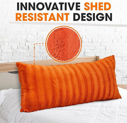 Cheer Collection Faux Fur Long Body Pillow - Accent Throw Pillow for Bed and Couch - Decorative Lumbar Pillow with Insert, Rust Orange (18" x 40")